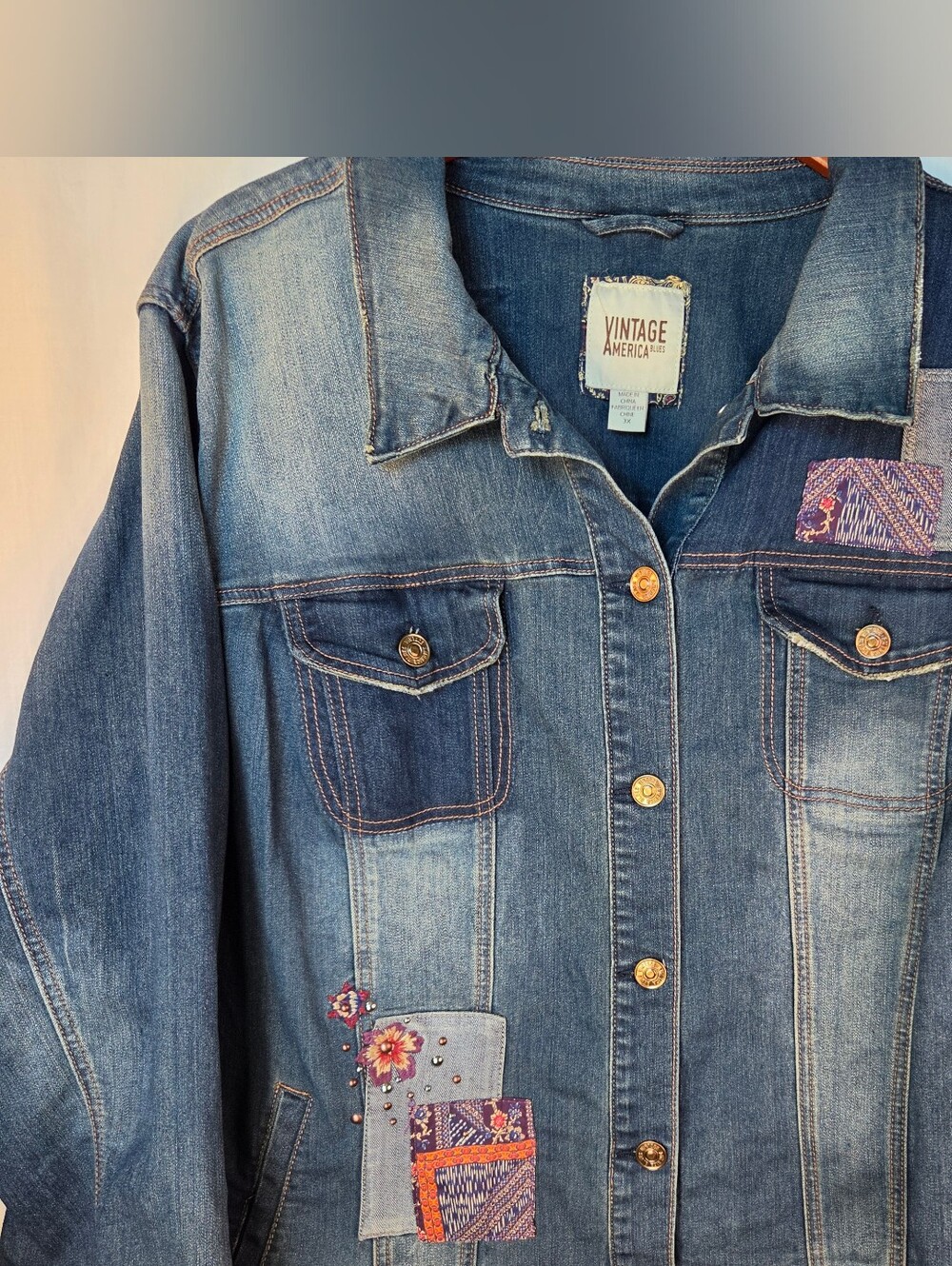 Vintage America Blues Patchwork Denim Jacket Boho Embroidered Floral Detail 3X